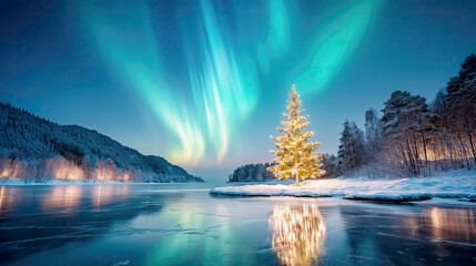 Magical Northern Lights Over Snowy Winter Landscape with Illuminated Christmas Tree and Frozen Lake