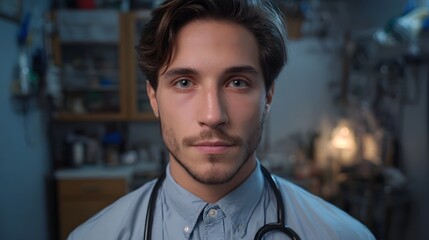 A professional male doctor wearing a stethoscope looks directly at the in a dimly lit medical setting