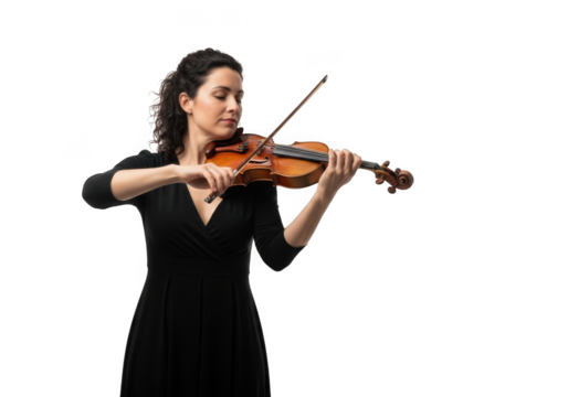 Young woman in black dress playing violin with bow isolated on transparent background - Powered by Adobe