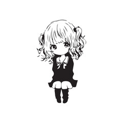 Beautiful Kawaii Girl Black and White Vector Illustration in Cute Simple Line Art Style