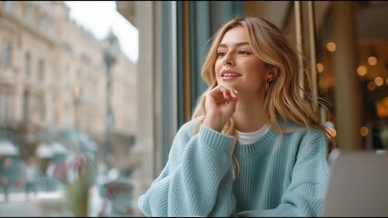 A contemplative woman enjoys a quiet moment in a cafe, sipping coffee while gazing out the window, capturing the essence of relaxation.