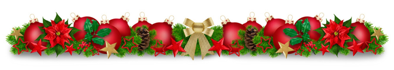 Red golden Christmas decoration with balls, winter rose, fir and shadow on white  background