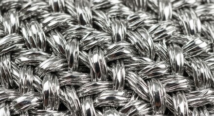 Close-up view of intricately woven, shiny, silver-grey material with a textured, interlaced design. The interwoven strands create a pattern with light reflections