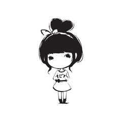 Beautiful Kawaii Girl Black and White Vector Illustration in Cute Simple Line Art Style