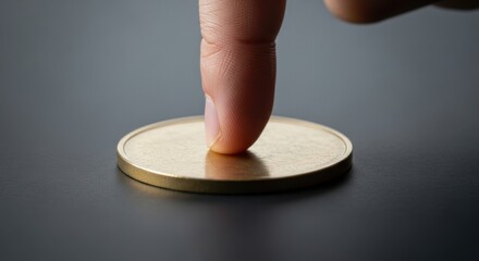 Retirement Readiness - Close-up of a fingertip pressing an unmarked coin disc against a dark background, symbolizing retirement security with a hyper-realistic and minimalistic aesthetic.
