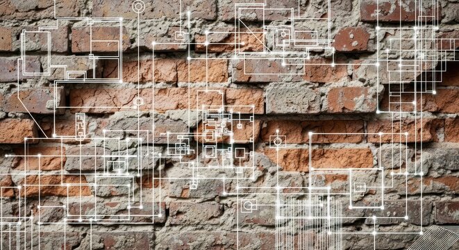 Weathered brick wall overlaid with a white circuit diagram pattern for a technological juxtaposition