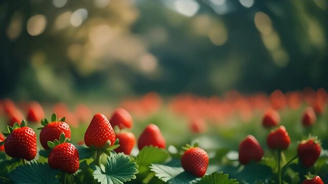 A bountiful harvest of ripe red strawberries growing in a lush green field under the warm summer sun