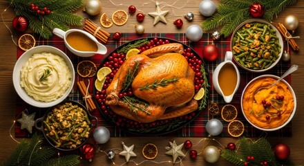 Festive Christmas table featuring roasted turkey, ornaments, greenery, candles, and seasonal holiday food arrangement in warm lighting.
