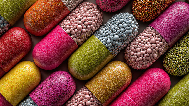 A macro shot of colorful capsule pills arranged in a pattern, highlighting the concept of medication and healthcare. The pills feature different colors and internal granular textures
