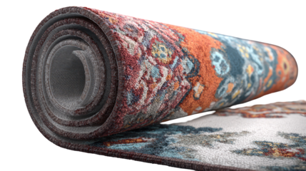 Rolled up colorful patterned fabric textile isolated on transparent background