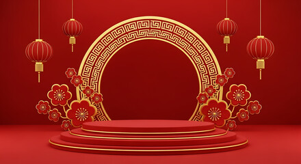 Chinese new year podium stage with lanterns and flowers on a red background for product display