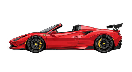 Obraz premium Red convertible sports car with black spoiler and yellow brake calipers