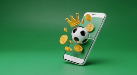 Football betting application on smartphone screen with gold crown and coin. Sport gambling and online game concept. Financial success in web casino.