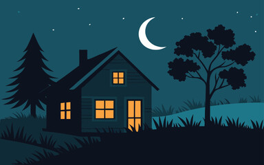 Fototapeta premium Cozy cabin at night with crescent moon and trees