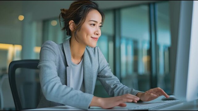 A focused businesswoman sitting at her desk, engaged with her computer, highlighting modern workspace productivity and contemplation.