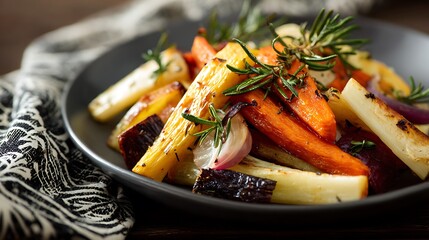 Delicious roasted root vegetables with fresh rosemary on a plate