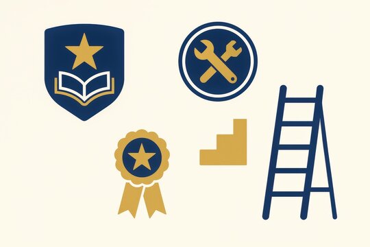 Symbols of advancement illustrating learning achievements, tools for skill development and success, featuring a shield, ladder, and medallion representing growth and accomplishment