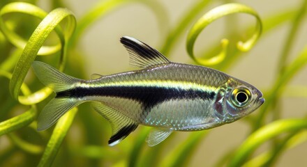 Fototapeta premium A small, slender fish swims amongst vibrant green, spiraling aquatic plants. Its silver body is marked with a striking black stripe. The image shows a detailed close-up