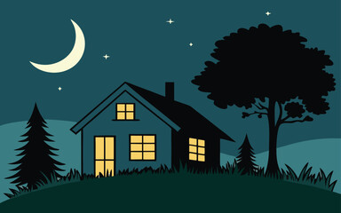 Fototapeta premium Night house on hill with crescent moon and stars