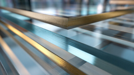 An abstract close-up shot of architectural glass panels with reflective properties, evoking a sense of modernity and minimalist design.