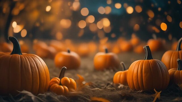 Autumn harvest of vibrant orange pumpkins, decorated with soft bokeh lights in a field during the golden hour, celebrating the spirit of Halloween and Thanksgiving