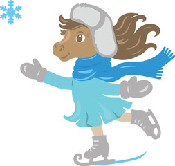 Vector cute cartoon horse skating in winter on skates , isolated on a white background. Active leisure. Symbol of the year 2026
