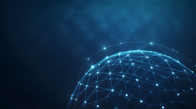 A glowing blue digital globe with connected lines on a dark blue background space