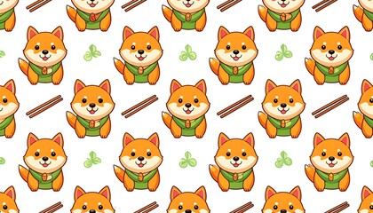 Adorable Shiba Inu Pattern with Green Vest, Chopsticks, and Clover Elements