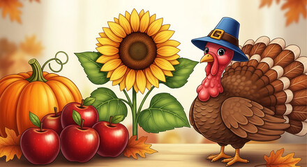 Naklejka premium Cartoon with turkey wearing hat, sunflower, pumpkin and apples, on table. Concept is festive, perhaps for Thanksgiving or autumn harvest celebration