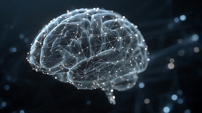 Digital representation of a human brain with glowing neural network connections
