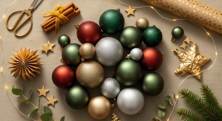 Stylish Christmas arrangement with gold, silver, and muted green baubles on a beige background, creating an elegant holiday theme.