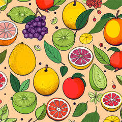 Colorful seamless pattern of various fruits in a hand-drawn illustration style. Features grapefruit, grapes, pomelo, lime, and pomegranates with leaves on a cream background. Ideal for fabric