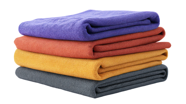 Stack of colorful folded towels isolated on transparent background