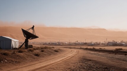 Close-Up View of a Radar Dish Disappearing into a Swirling Dust Cloud in Desert Landscape