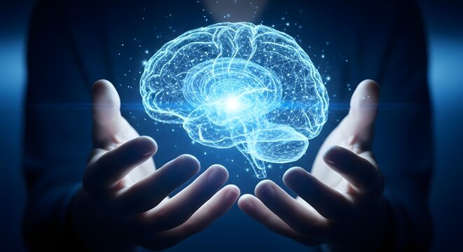 Human hands holding digital brain with glowing connections and neural network