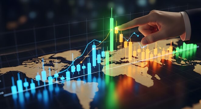 Hand pointing at stock market candlestick chart overlay on world map - Powered by Adobe