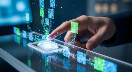 Finger touching digital screen with data stream and futuristic technology