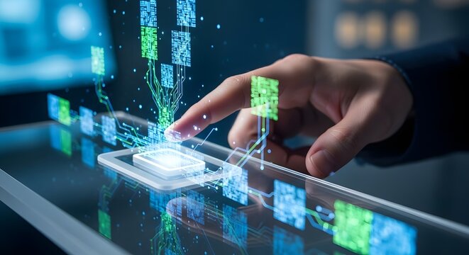 Finger touching digital screen with data stream and futuristic technology