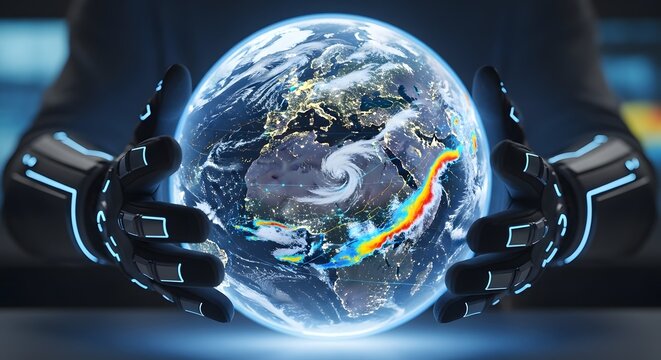 Hands holding earth globe with digital interface and futuristic technology