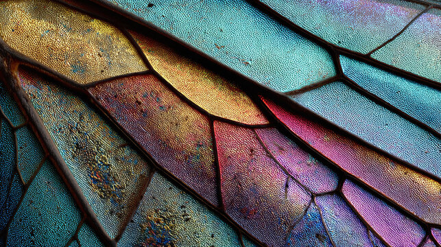 A close-up shot of a dragonfly wing with stunning iridescent colors and intricate patterns. The light catches the texture, revealing the wing's delicate structure