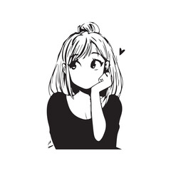 Beautiful Kawaii Girl Black and White Vector Illustration in Cute Simple Line Art Style