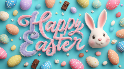 A colorful 3D Happy Easter illustration with a cute bunny, decorated eggs and playful elements, ideal for holiday greetings, seasonal marketing, children’s content and festive celebration themes