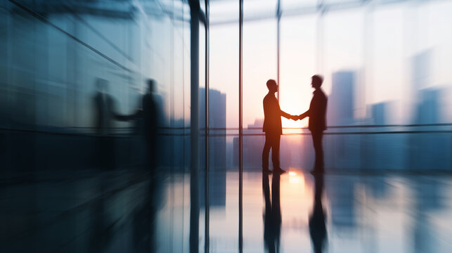 Two business professionals finalize a partnership with a handshake inside a modern corporate building, symbolizing trust, cooperation, closed deals and successful business relationships built on share