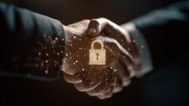 Two business professionals exchange a handshake with a glowing digital lock overlay, symbolizing secure partnership, trust, data protection, cybersecurity cooperation and encrypted business deals