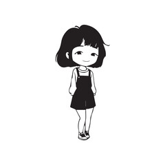 Beautiful Kawaii Girl Black and White Vector Illustration in Cute Simple Line Art Style