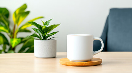 A serene workspace featuring a white mug on a wooden coaster beside a leafy plant, promoting a calm and organized atmosphere.