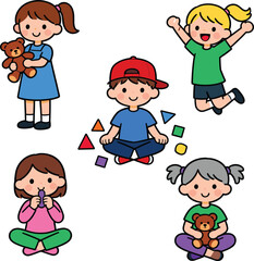 cad drawing flat vector illustration, kids, children, cartoon, vector, illustration, cute, happy, playing, set, collection, isolated, 