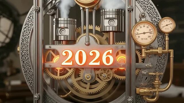 Steampunk 2026 new year celebration featuring intricate gears pistons and steam powered machinery