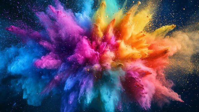 Dynamic blend of colorful particles colliding in an abstract explosion, symbolizing energy, celebration, and creativity. Perfect for expressing artistic freedom, color power imaginative design motion