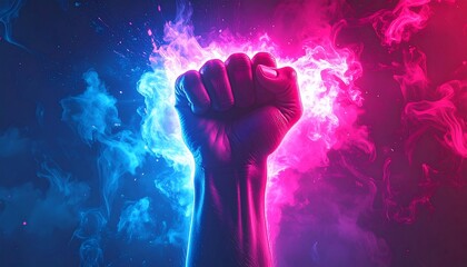 Abstract illustration of a raised fist engulfed in vibrant glowing energy against a dark backdrop